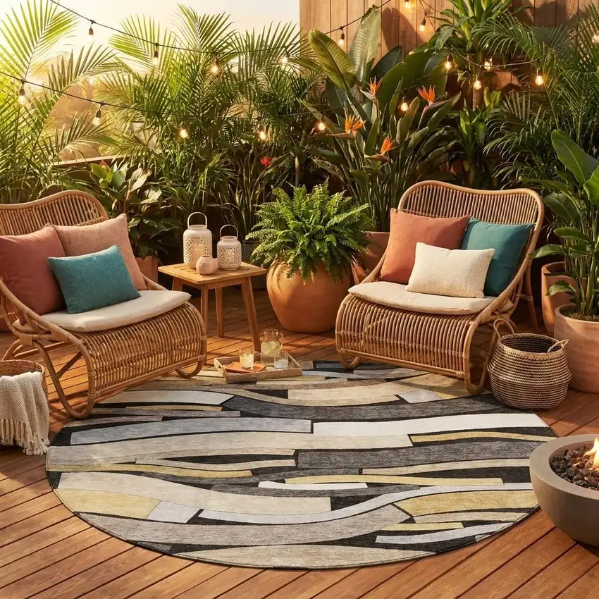 8' Black And Graphite Round Striped Washable Indoor Outdoor Area Rug Photo 1