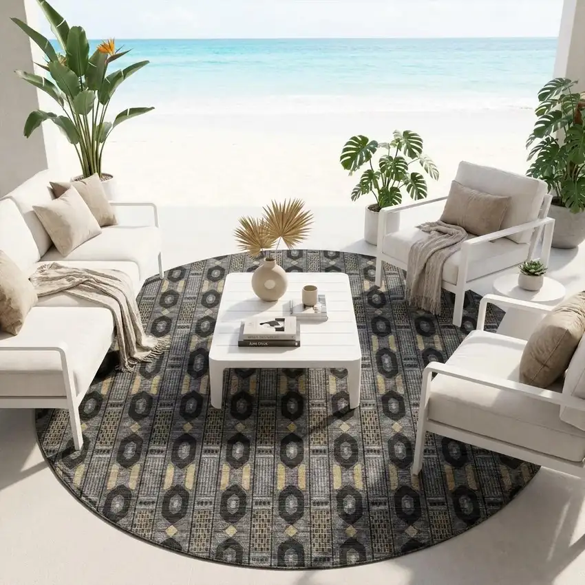 8' Black And Graphite Round Striped Washable Indoor Outdoor Area Rug Photo 1
