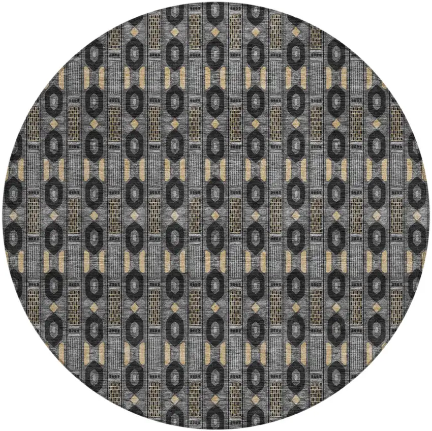 8' Black And Graphite Round Striped Washable Indoor Outdoor Area Rug Photo 2