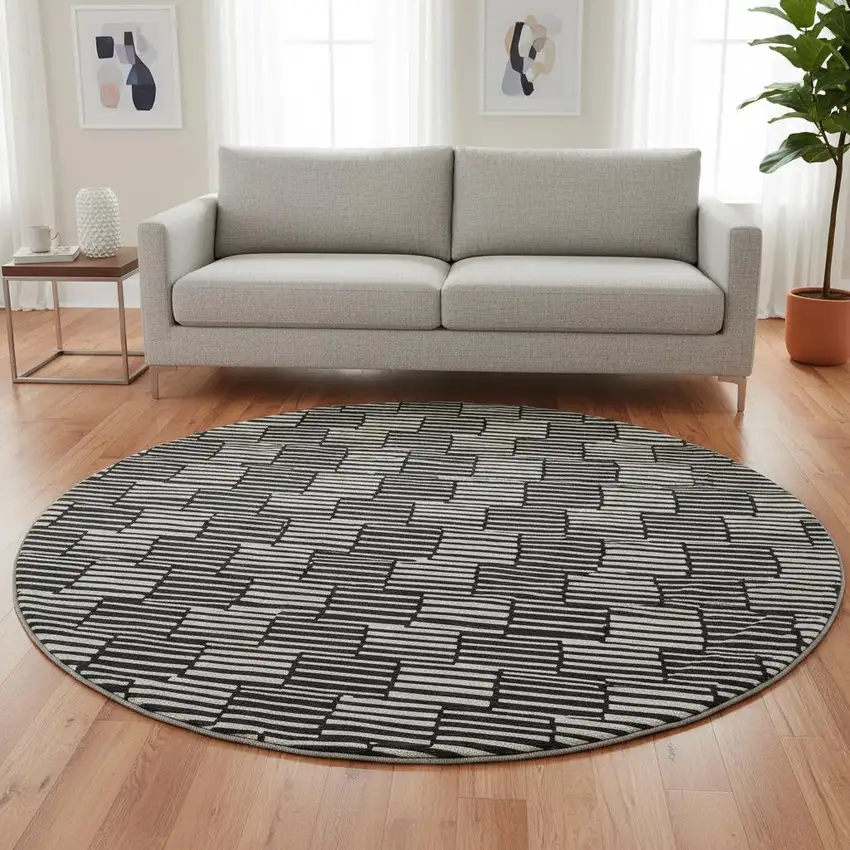 8' Black And Gray Abstract Geometric Washable Round Rug With UV Protection Photo 2