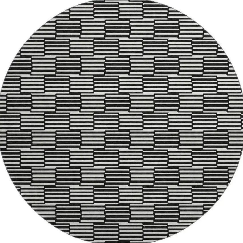 8' Black And Gray Abstract Geometric Washable Round Rug With UV Protection Photo 4