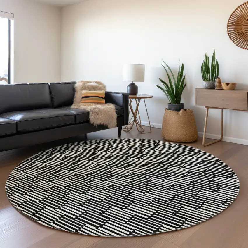 8' Black And Gray Abstract Geometric Washable Round Rug With UV Protection Photo 5