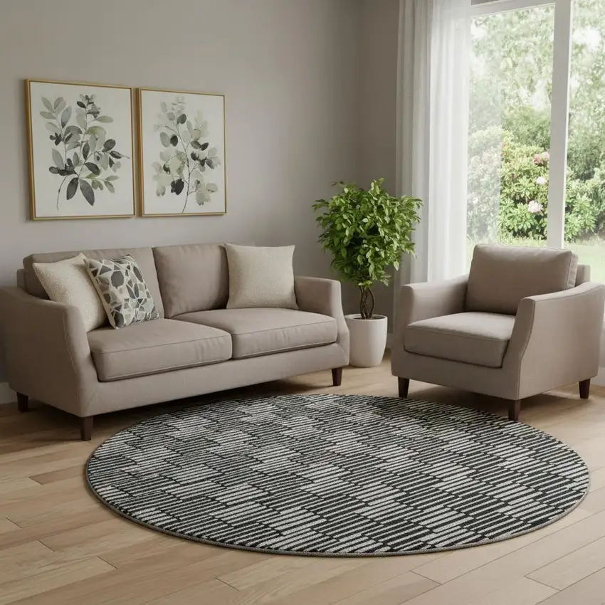 8' Black And Gray Abstract Geometric Washable Round Rug With UV Protection Photo 1