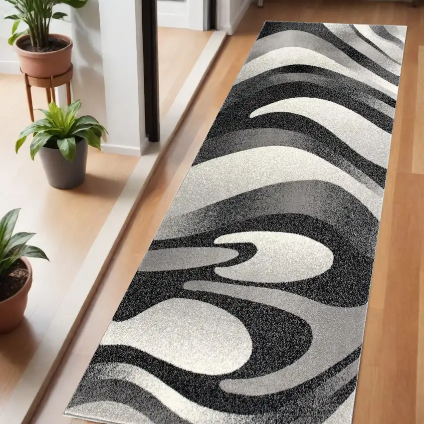 6' Black And Gray Abstract Runner Rug Photo 1