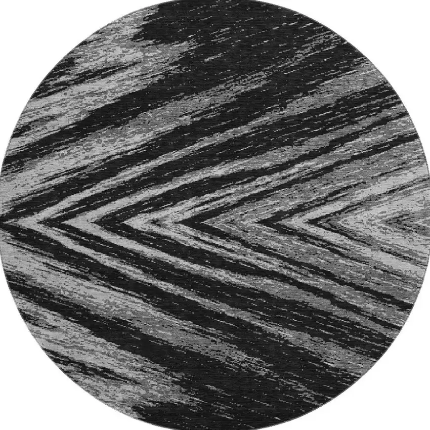 8' Black And Gray Abstract Washable Round Rug With UV Protection Photo 3