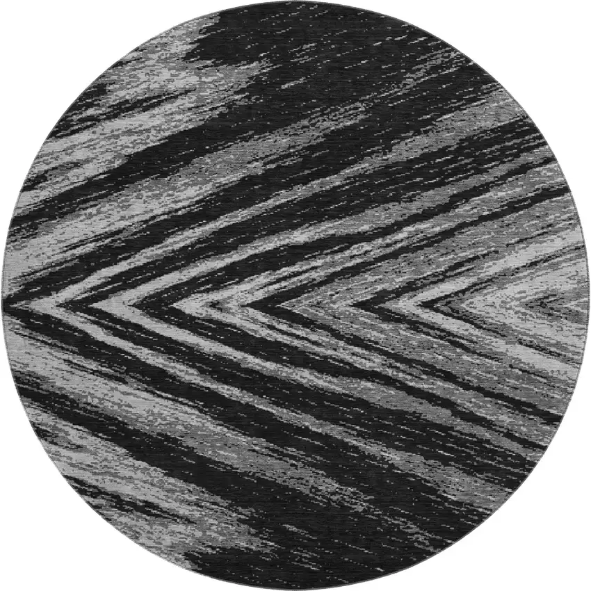 8' Black And Gray Abstract Washable Round Rug With UV Protection Photo 1
