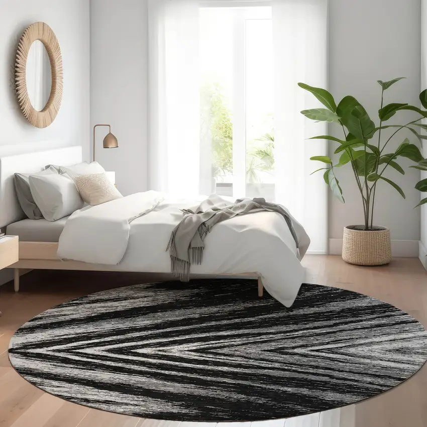 8' Black And Gray Abstract Washable Round Rug With UV Protection Photo 5