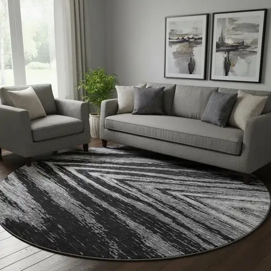 8' Black And Gray Abstract Washable Round Rug With UV Protection Photo 1