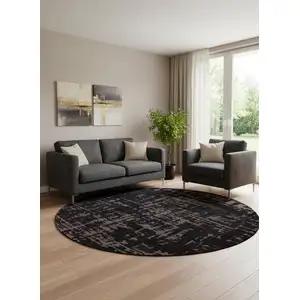 Photo of 8' Black And Gray Abstract Washable Round Rug