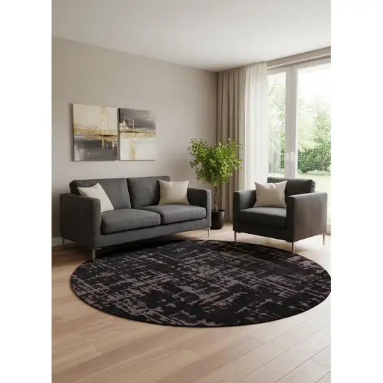 8' Black And Gray Abstract Washable Round Rug Photo 1