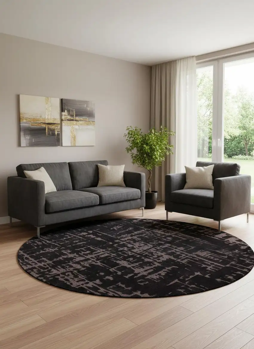 8' Black And Gray Abstract Washable Round Rug Photo 1