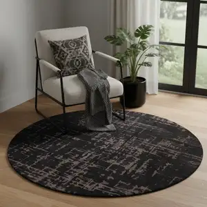 Photo of 5' Black And Gray Abstract Washable Round Rug