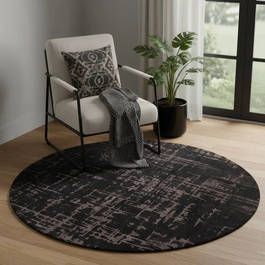 5' Black And Gray Abstract Washable Round Rug Photo 1