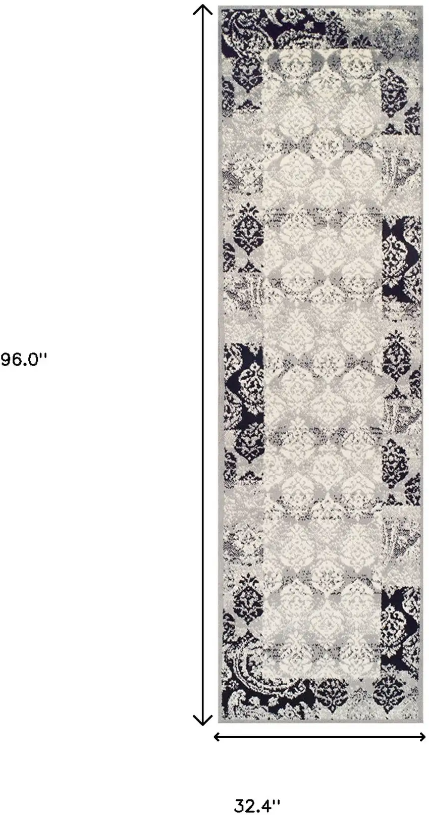 8' Black And Gray Damask Power Loom Distressed Stain Resistant Runner Rug Photo 7