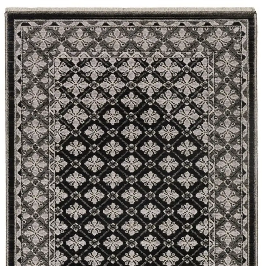 8' Black And Gray Diamond Runner Rug With Fringe Photo 8