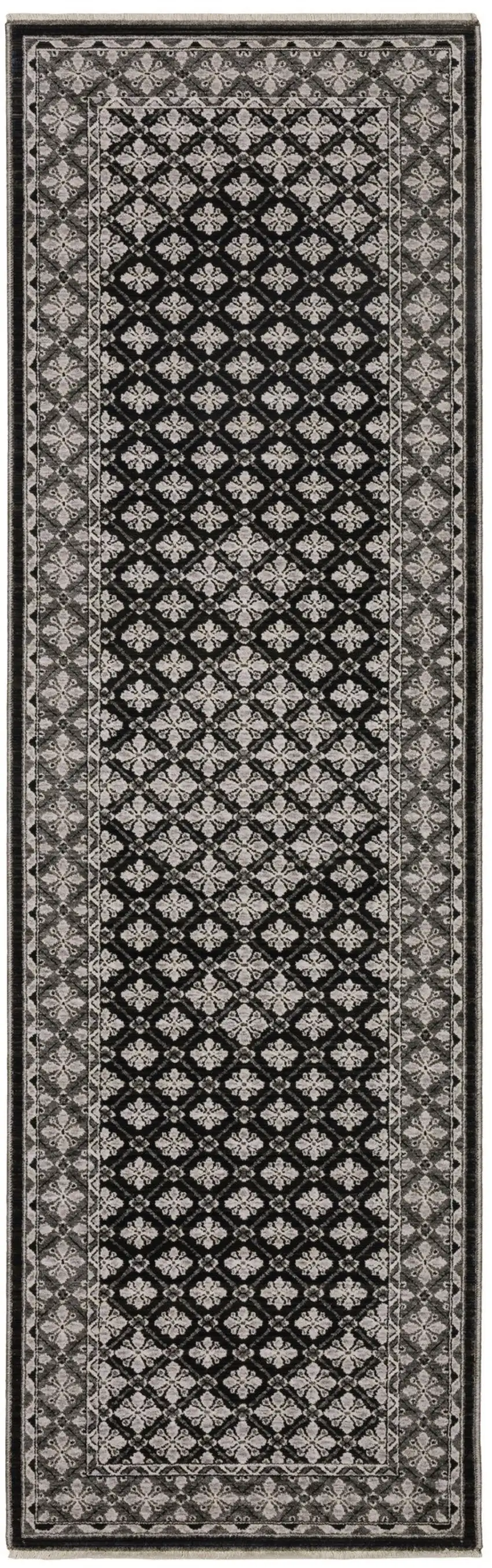 8' Black And Gray Diamond Runner Rug With Fringe Photo 2