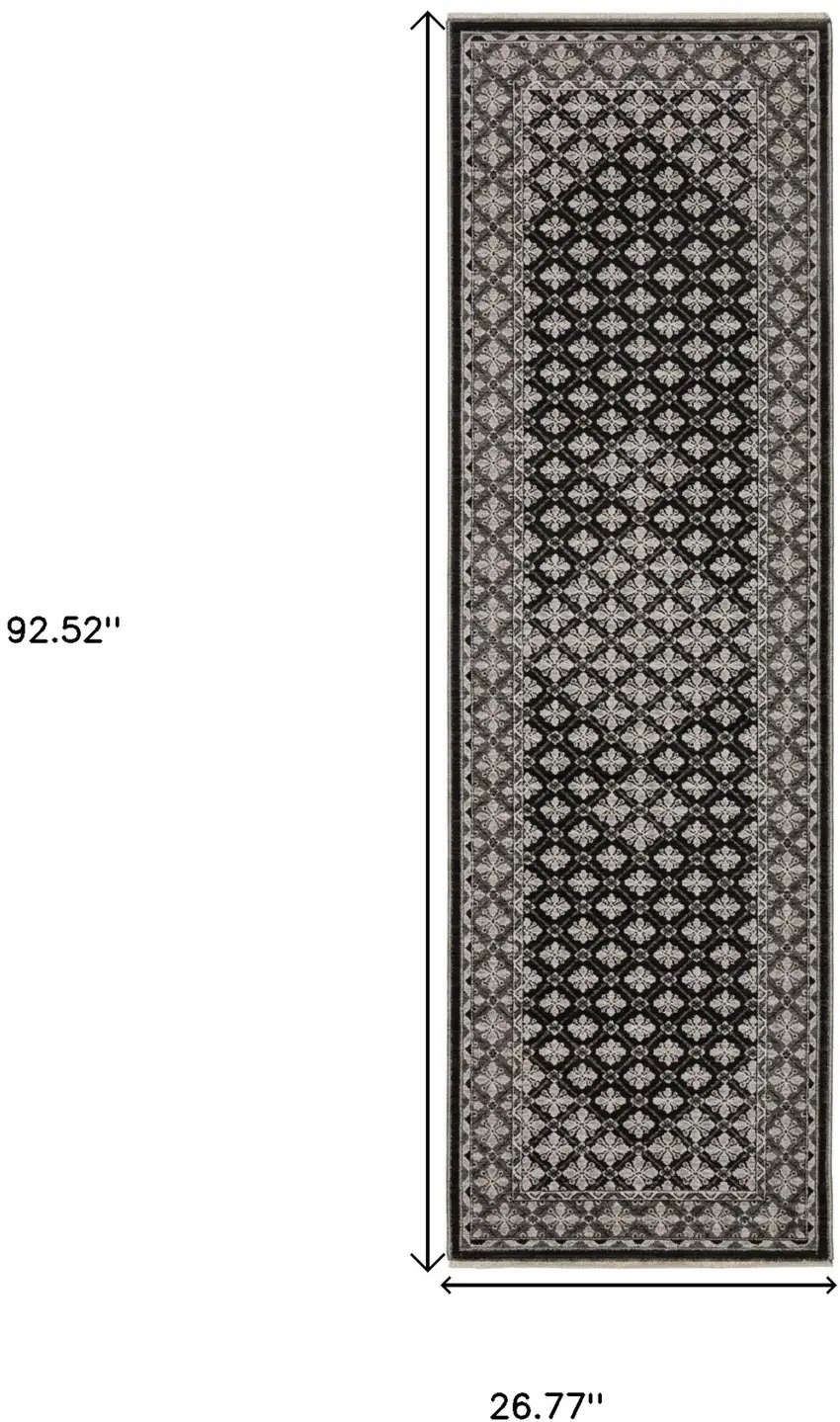8' Black And Gray Diamond Runner Rug With Fringe Photo 3
