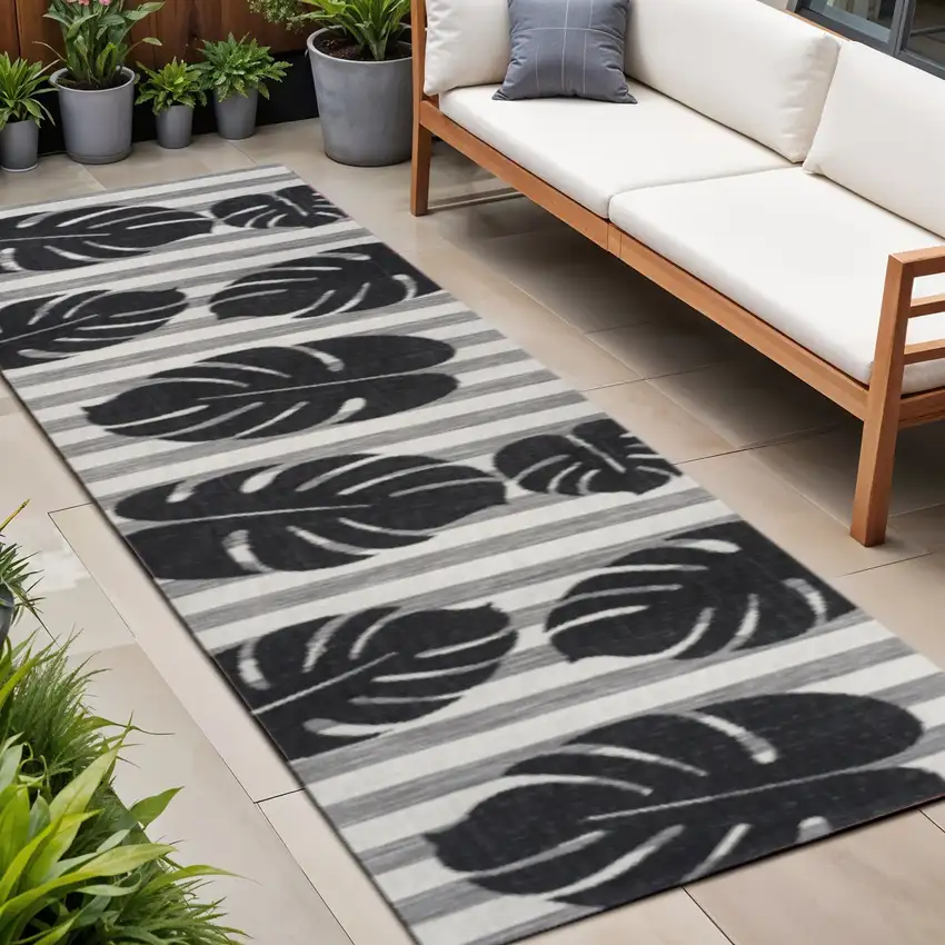 8' Black And Gray Floral Indoor Outdoor Runner Rug Photo 1