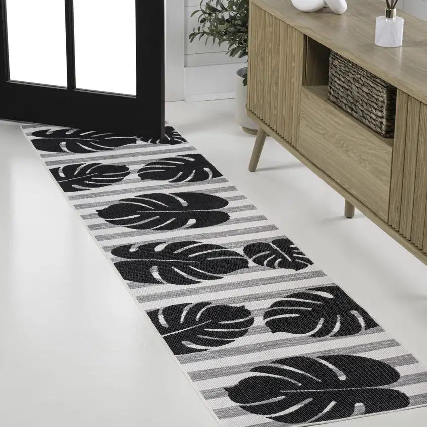 8' Black And Gray Floral Indoor Outdoor Runner Rug Photo 2