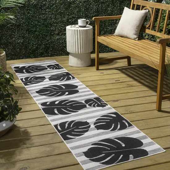 8' Black And Gray Floral Indoor Outdoor Runner Rug Photo 3