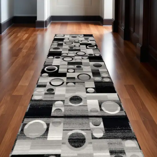 9' Black And Gray Geometric Runner Rug Photo 1