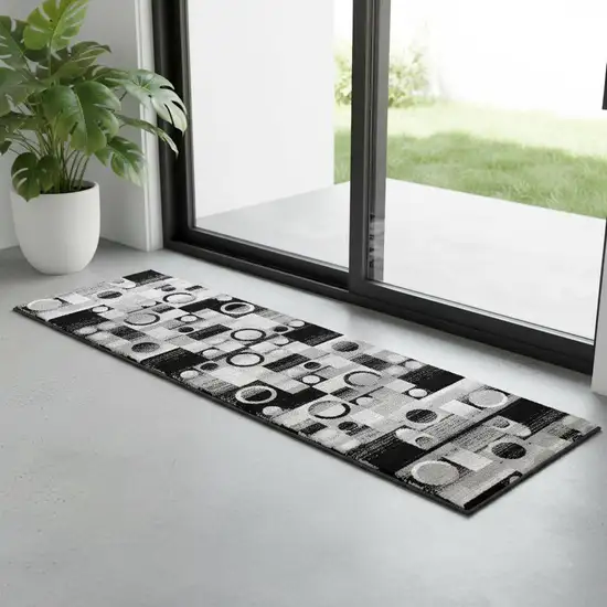 7' Black And Gray Geometric Runner Rug Photo 1