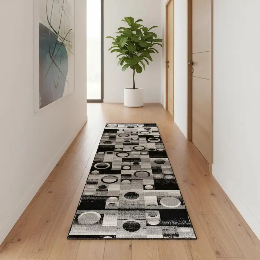 18' Black And Gray Geometric Runner Rug Photo 1