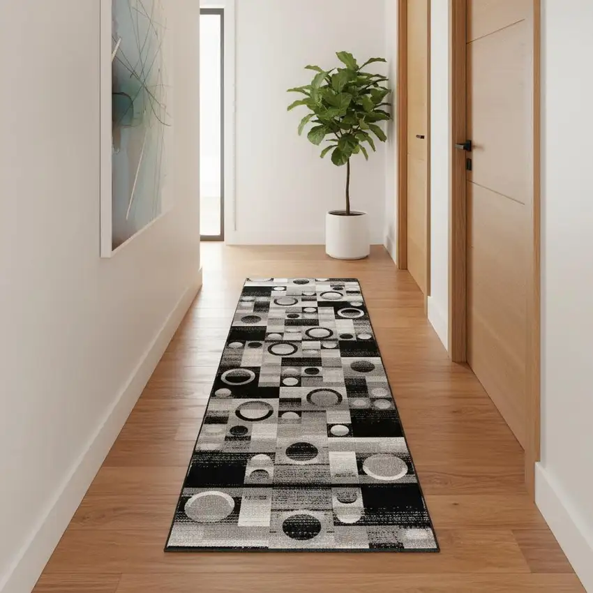 16' Black And Gray Geometric Runner Rug Photo 1