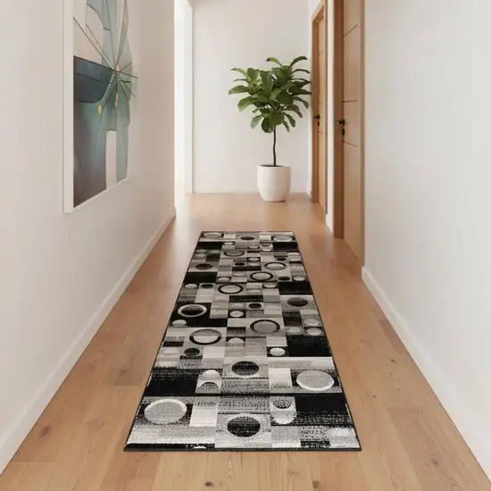 14' Black And Gray Geometric Runner Rug Photo 1