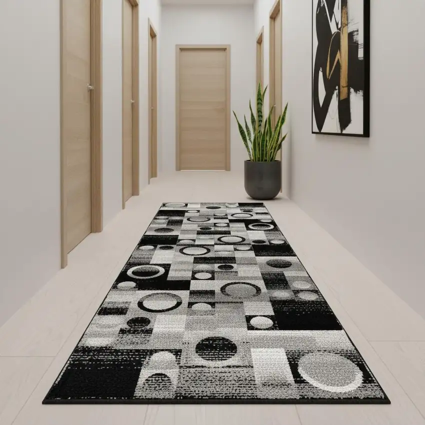 11' Black And Gray Geometric Runner Rug Photo 1