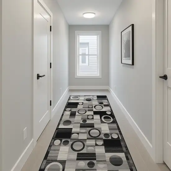 12' Black And Gray Geometric Runner Rug Photo 1