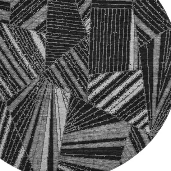 8' Black And Gray Geometric Washable Round Rug With UV Protection Photo 3