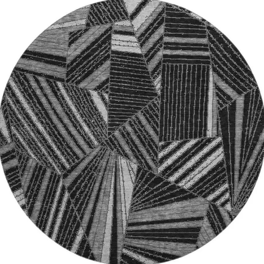 8' Black And Gray Geometric Washable Round Rug With UV Protection Photo 4