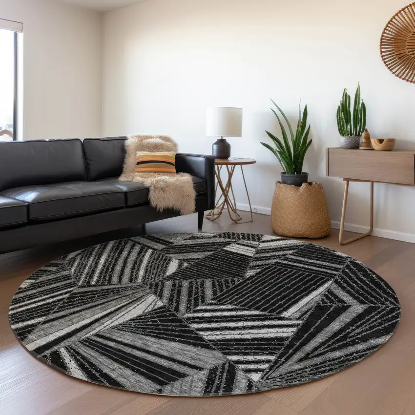 8' Black And Gray Geometric Washable Round Rug With UV Protection Photo 5