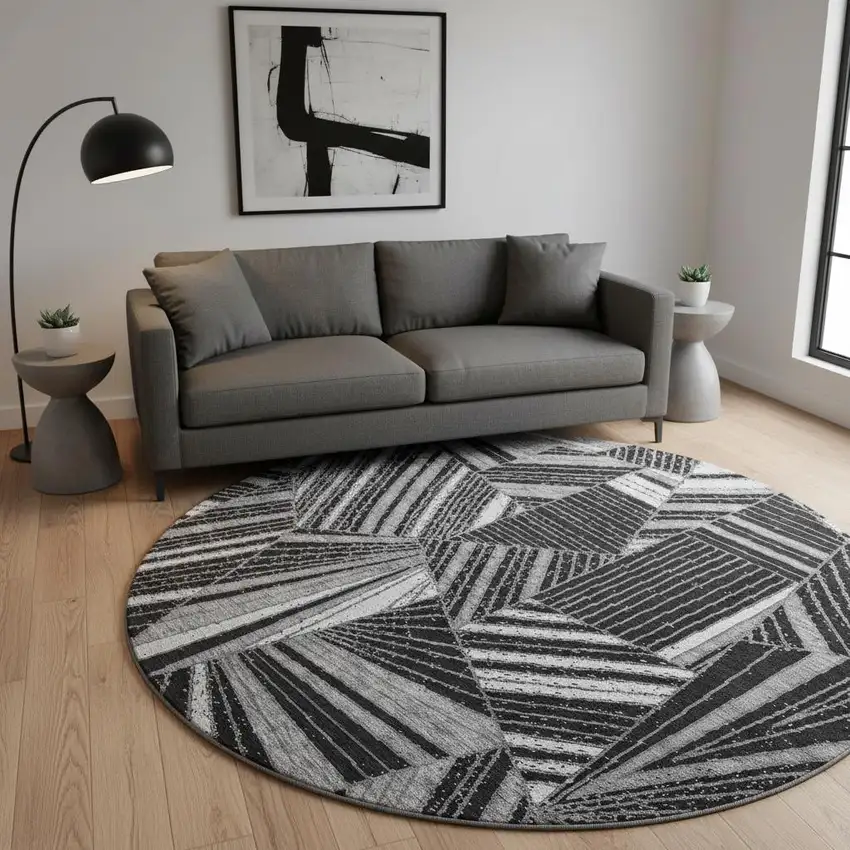 8' Black And Gray Geometric Washable Round Rug With UV Protection Photo 2