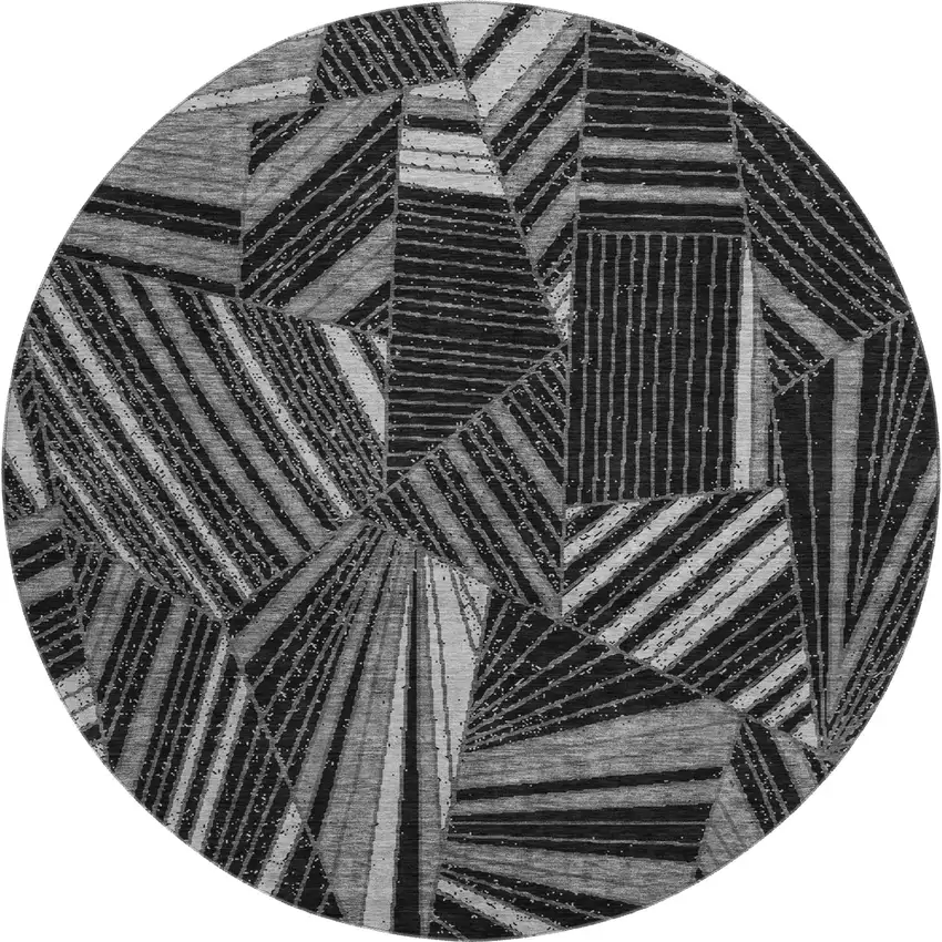 8' Black And Gray Geometric Washable Round Rug With UV Protection Photo 1