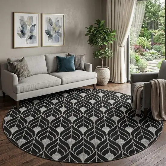 8' Black And Gray Geometric Washable Round Rug With UV Protection Photo 1