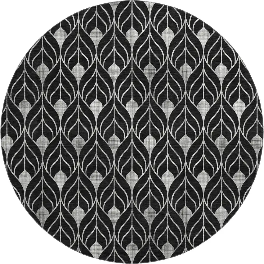 8' Black And Gray Geometric Washable Round Rug With UV Protection Photo 1