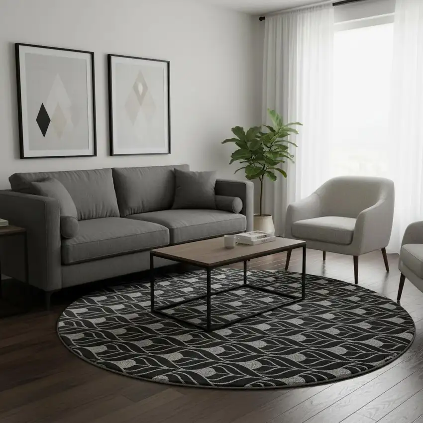 8' Black And Gray Geometric Washable Round Rug With UV Protection Photo 2