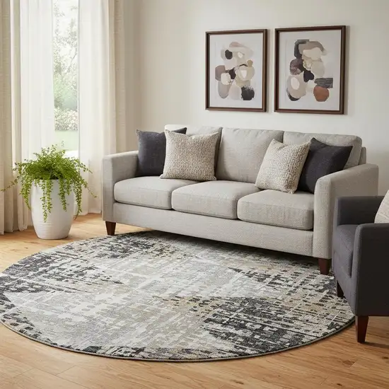 8' Black And Gray Geometric Washable Round Rug With UV Protection Photo 2
