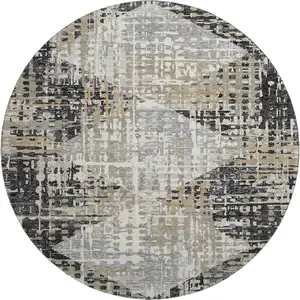 Photo of 8' Black And Gray Geometric Washable Round Rug With UV Protection