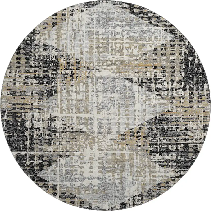 8' Black And Gray Geometric Washable Round Rug With UV Protection Photo 1