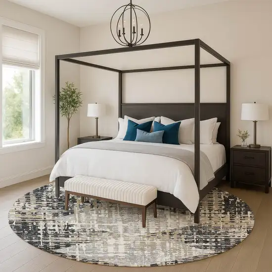 8' Black And Gray Geometric Washable Round Rug With UV Protection Photo 5