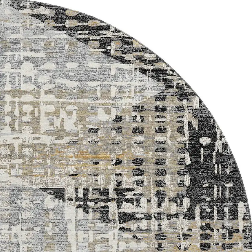 8' Black And Gray Geometric Washable Round Rug With UV Protection Photo 4