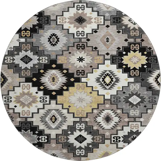 8' Black And Gray Geometric Washable Round Rug With UV Protection Photo 1