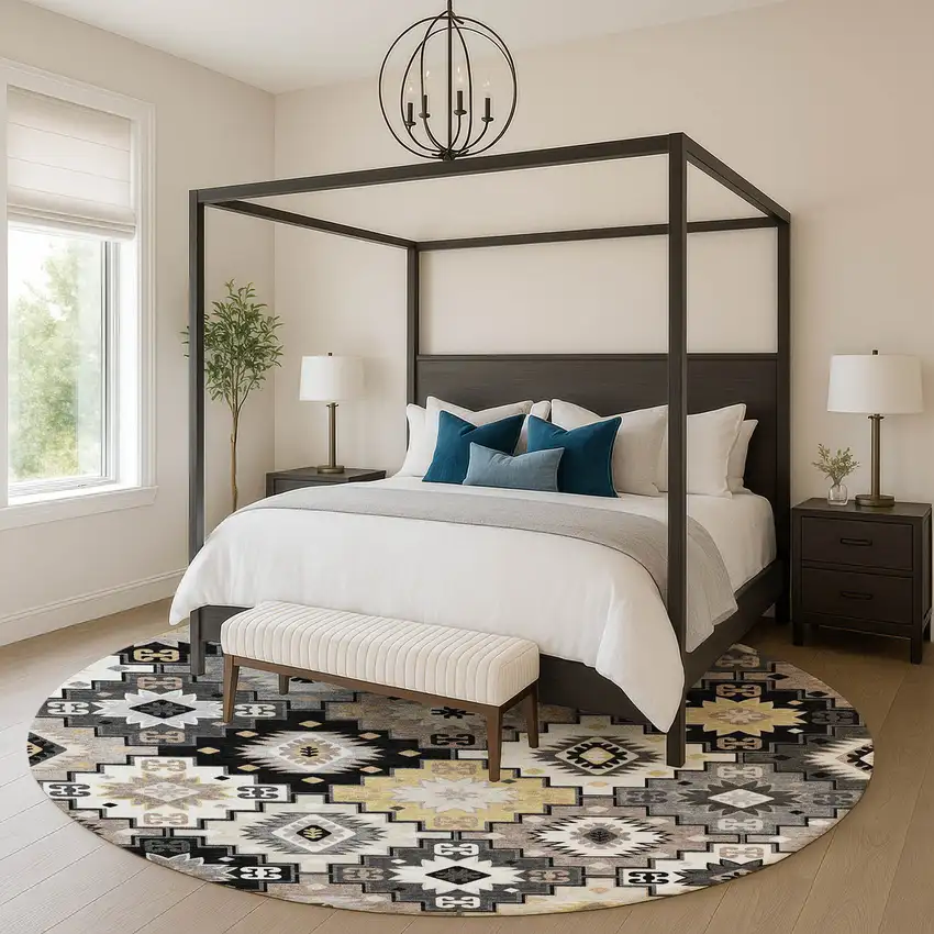 8' Black And Gray Geometric Washable Round Rug With UV Protection Photo 5