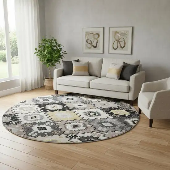 8' Black And Gray Geometric Washable Round Rug With UV Protection Photo 2