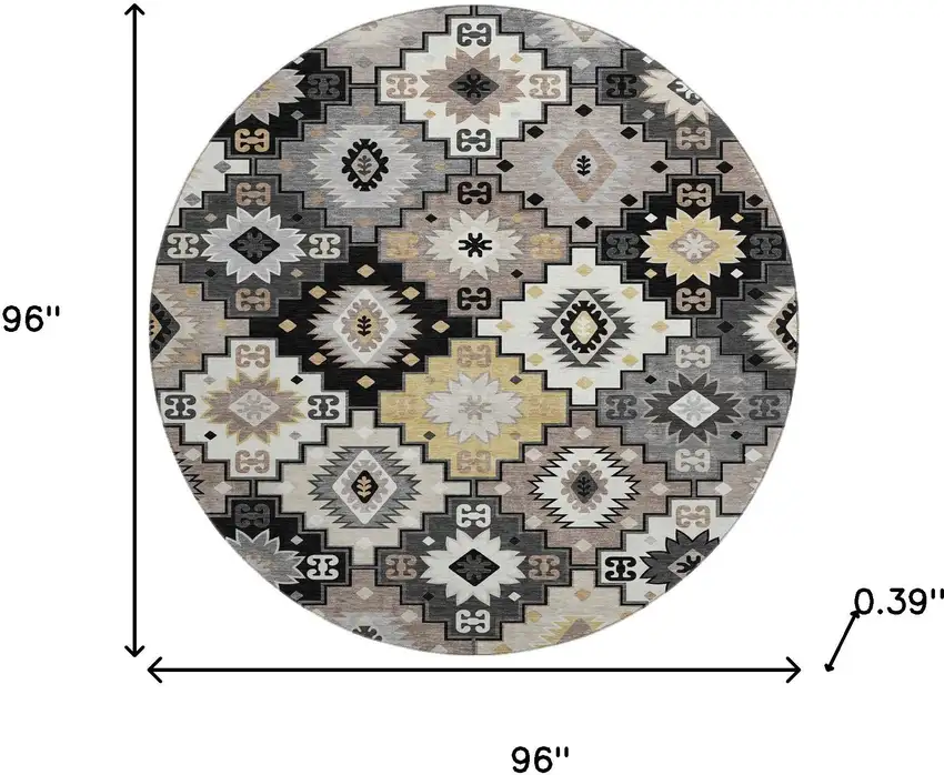 8' Black And Gray Geometric Washable Round Rug With UV Protection Photo 8