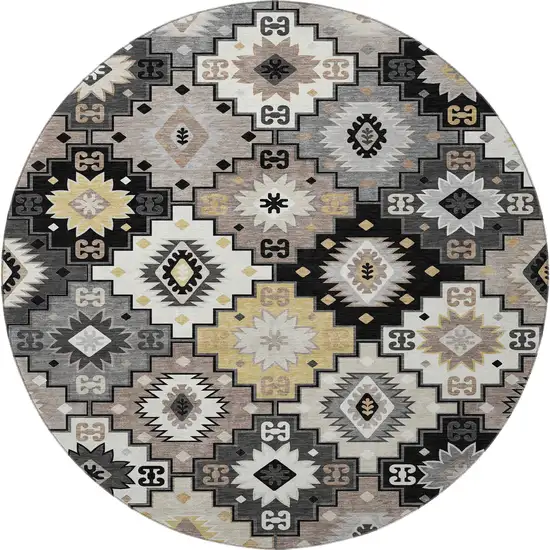 8' Black And Gray Geometric Washable Round Rug With UV Protection Photo 4