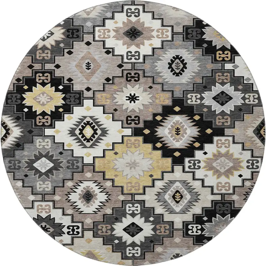 8' Black And Gray Geometric Washable Round Rug With UV Protection Photo 4